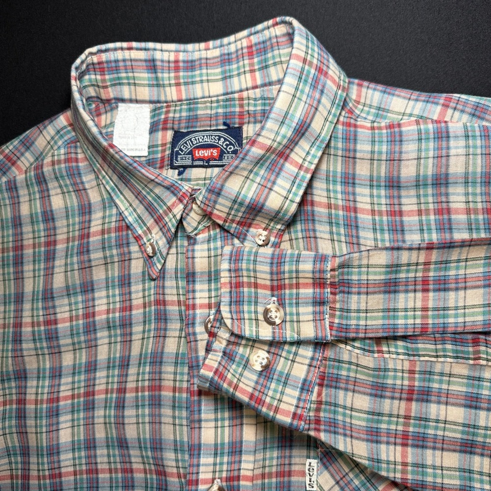 Vtg Levi Strauss & Co Button Shirt Mens L Regular Tan Blue Red Plaid Cotton USA